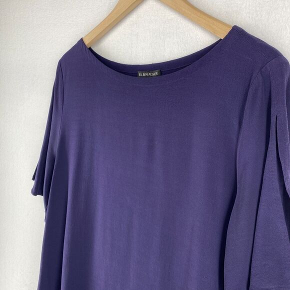 EILEEN FISHER Tunic L Tencel Viscose Crepe Top Boat Neck Slit Sleeve Blue - Picture 2 of 12